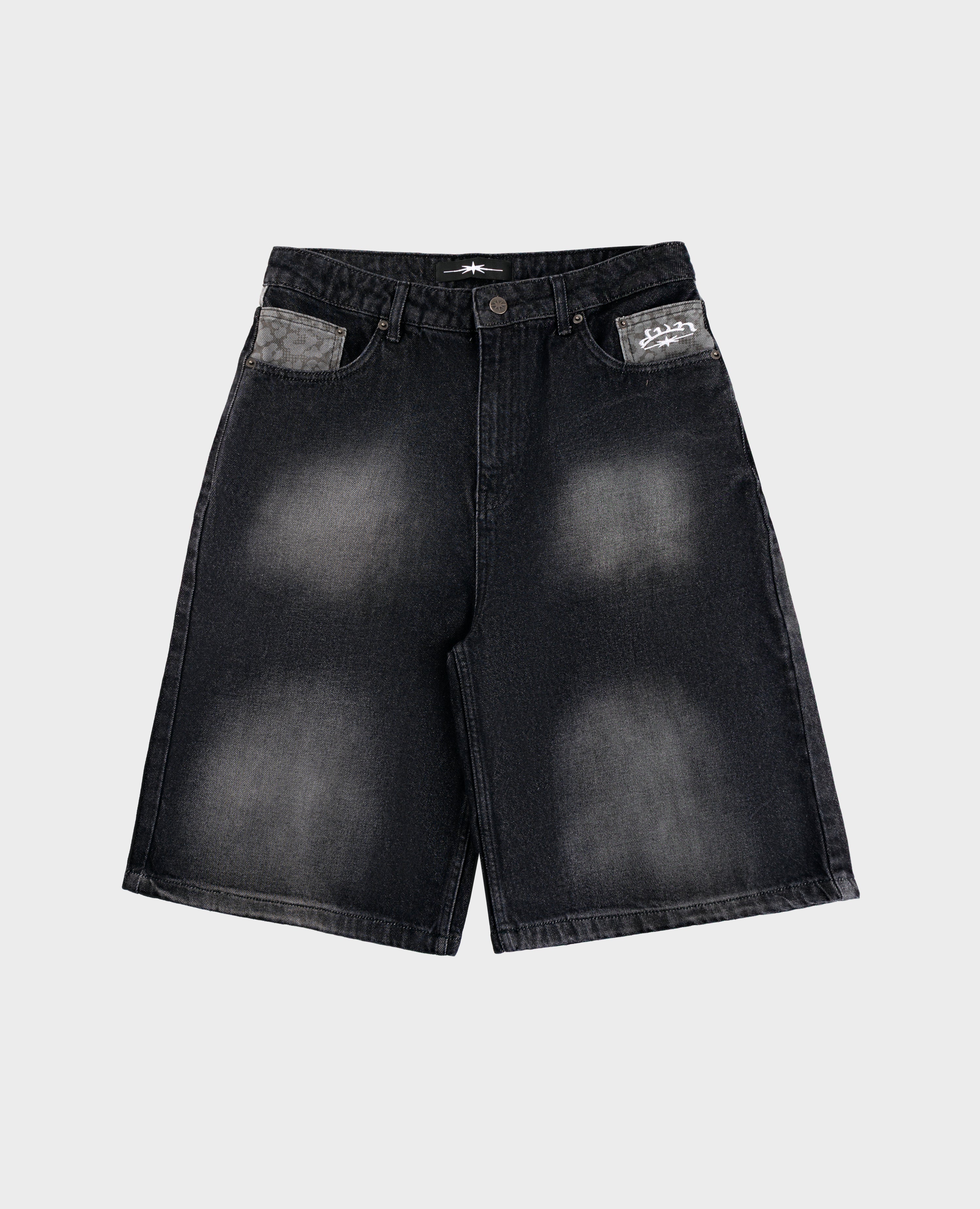 BLACK LEOPARD POCKET DENIM JORT
